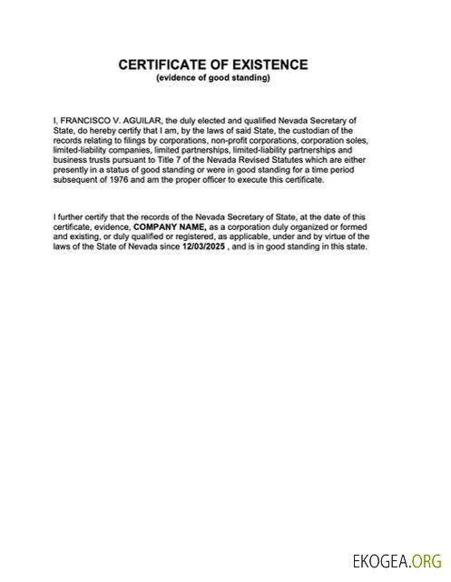 Modèle Word et PDF de certificat d'existence des États Unis Nevada